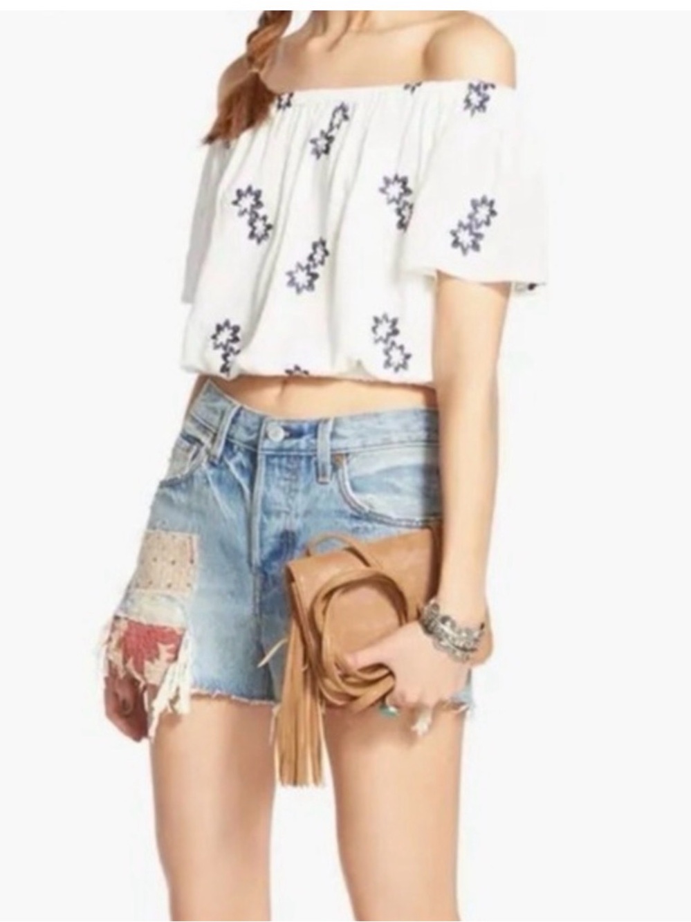 Astr the Label Cream Off-Shoulder Cropped Top with Navy Floral Embroidery